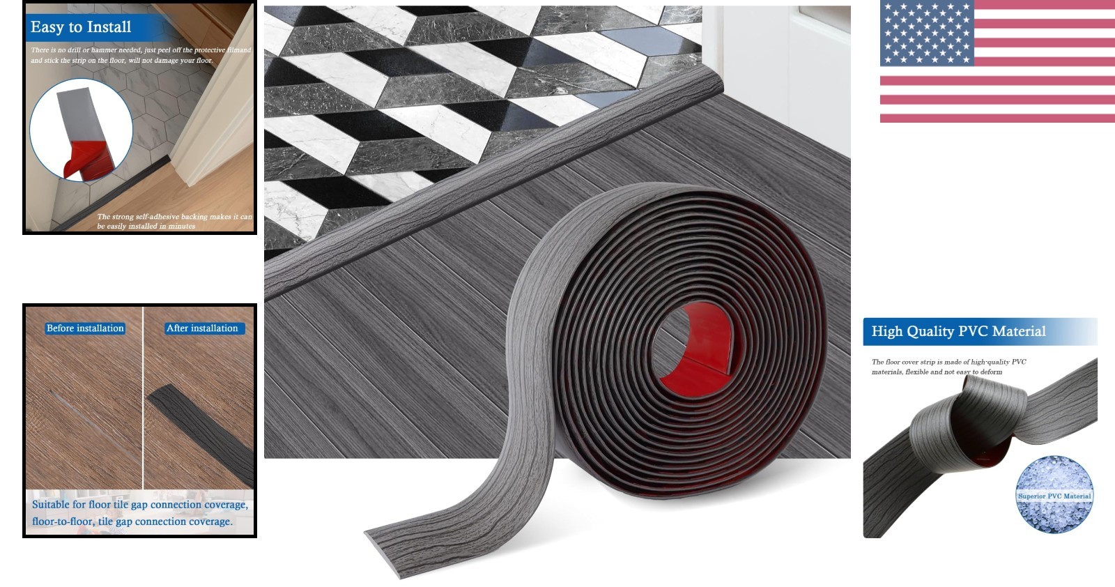 Decorative Dark Gray Floor Transition Strip: Self-Adhesive & Customizable 3.3ft