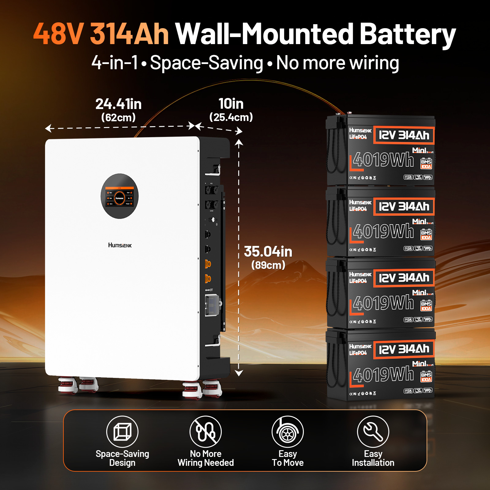 Humsienk 48V 314Ah LiFePO4 Battery Wall Mounted 200A BMS Bluetooth Home Backup