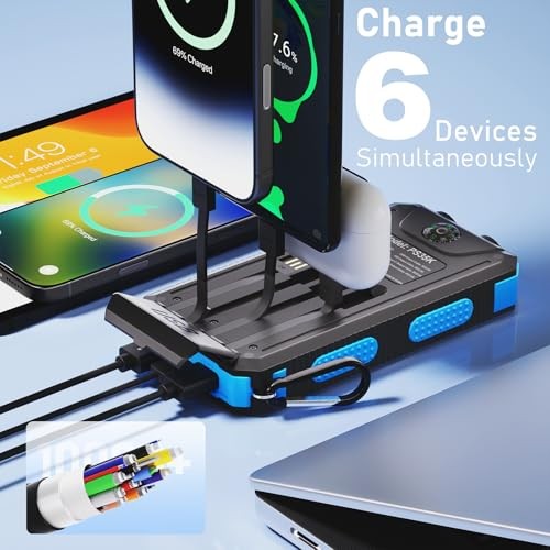 Solar Charger Power Bank 20,000mAh, Portable Charger, 4 Cables 3 Ports Blue