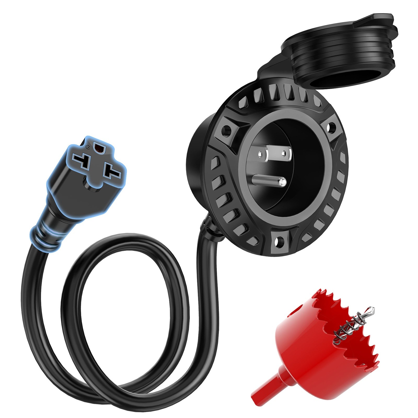 MICTUNING 20A AC Port Plug T-Blade Adapter RV Power Inlet Socket Cord w/Hole Saw