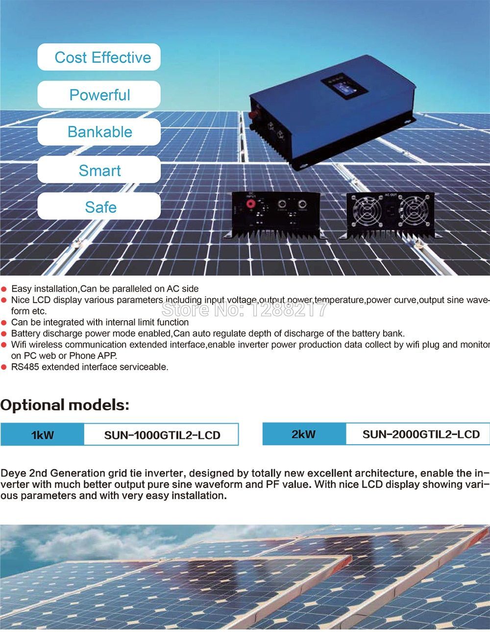 1000W Solar Grid Tie Inverter w/ Limiter MPPT Pure Sine Wave DC22-60V to 110VAC
