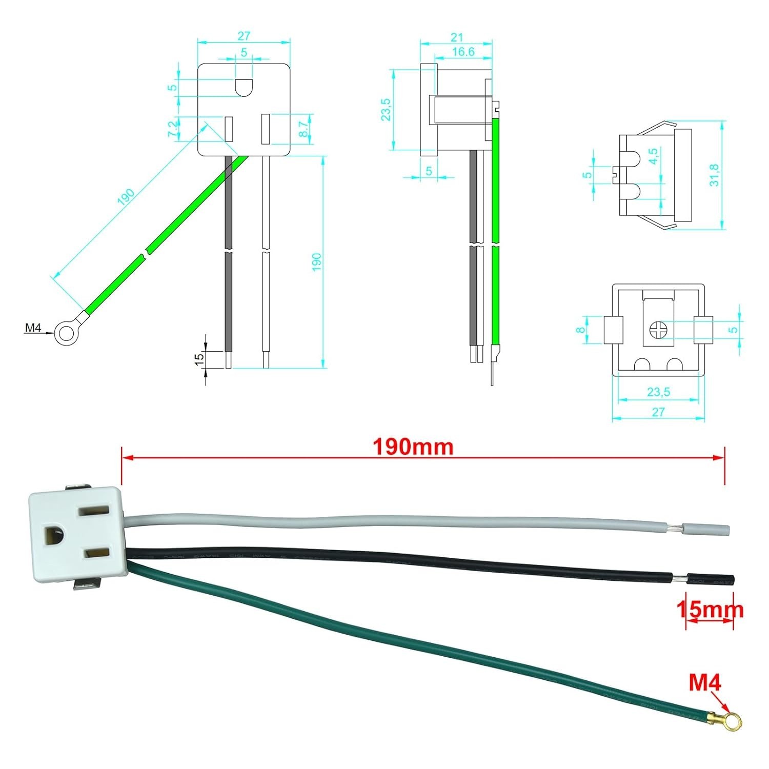 15A 125V AC Outlet, NEMA 5-15R, Panel Mount, White