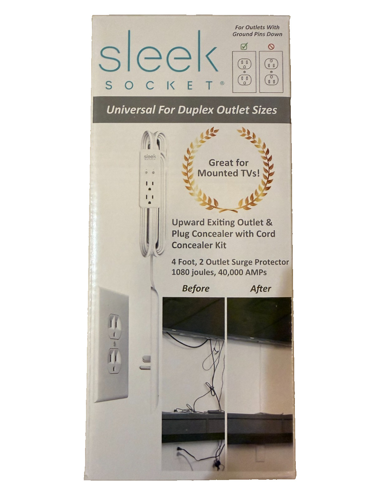 Sleek Socket Ultra-Thin Outlet Cover Surge Protector 1080J Oversized White NEW