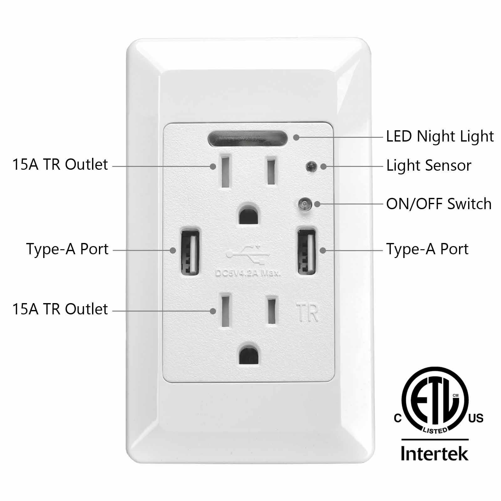 4 Pack Wall Power Outlet with LED Night Light 15Amp TR Duplex Receptacles White