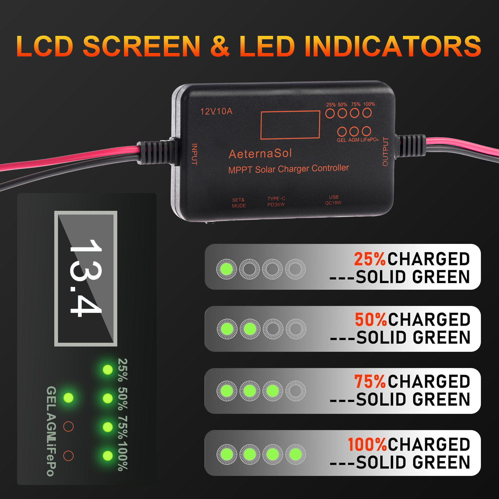 10A MPPT 12V Solar Charge Controller LCD for LiFePO4/AGM/Gel Battery