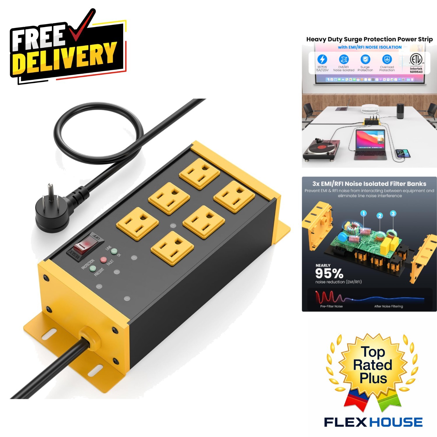 Heavy Duty 4800J Surge Protector Power Strip with 6 AC Outlets & EMI Filtering