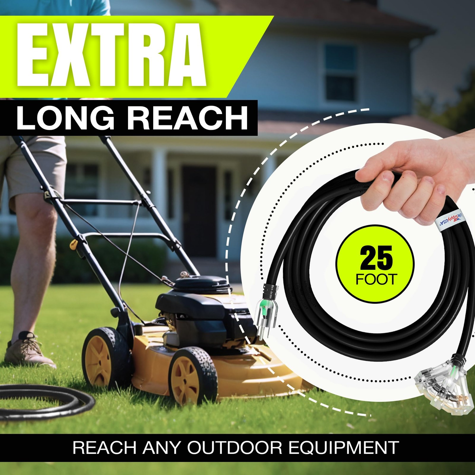 25Ft Outdoor/Indoor Extension Cord 3-Outlet 12/3 Gauge Extra Heavy Duty Etl
