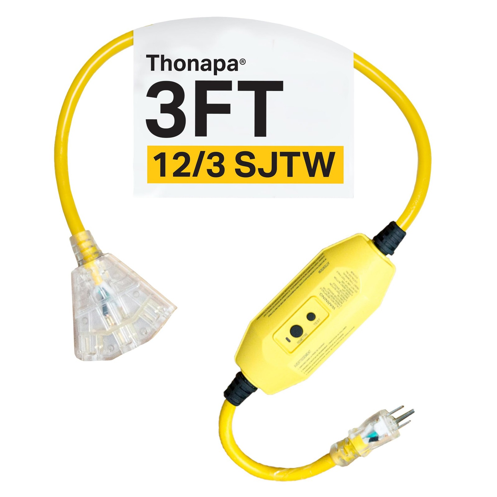 Thonapa 3 Foot Lighted Outdoor GFCI Extension Cord – 12/3 SJTW 3 feet, Yellow