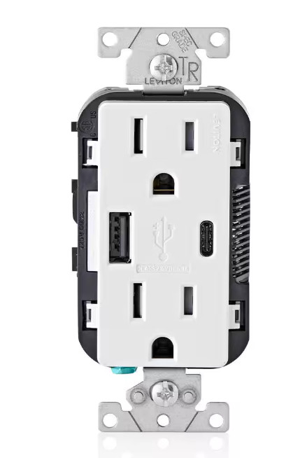 Leviton T5633-BW 15A Tamper Resistant USB-A and USB-C Outlet White