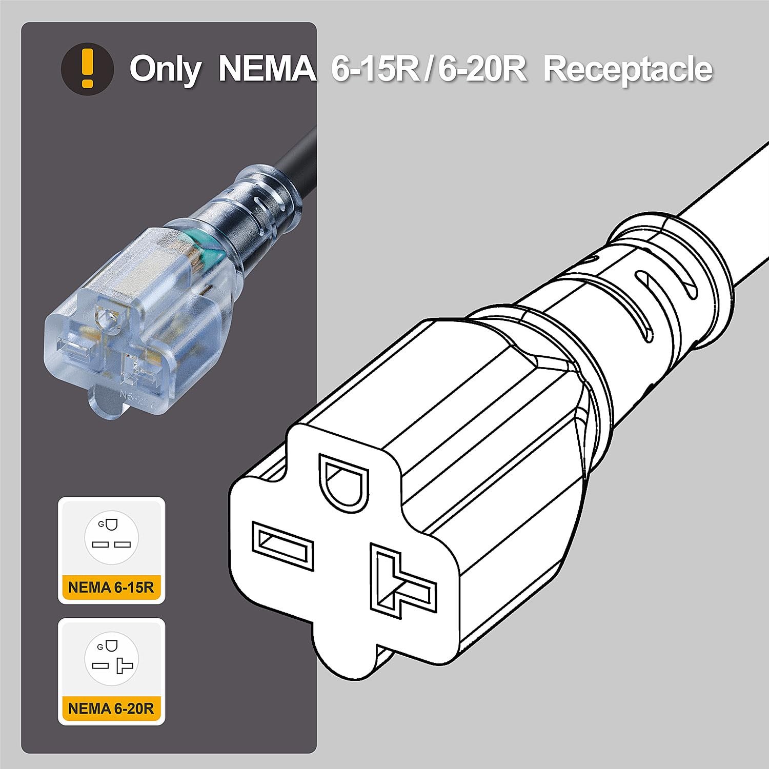 10FT Nema 6-20P Extension Cord, Plugrand to 6-15R/20R 10FT, Black