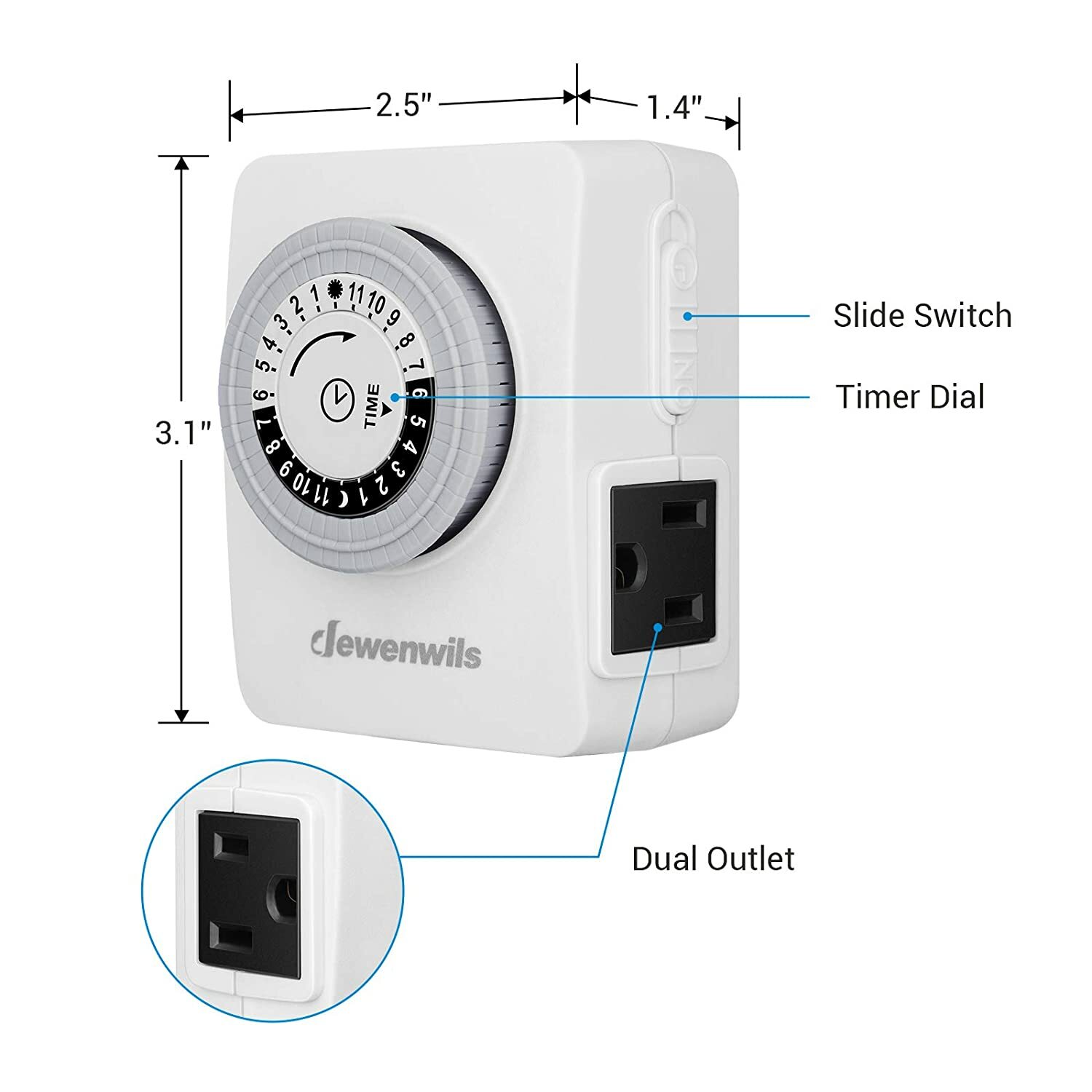 DEWENWILS 2x Indoor 24-Hour Plug In Grounded Daily 2 Outlet Timer Light Switch