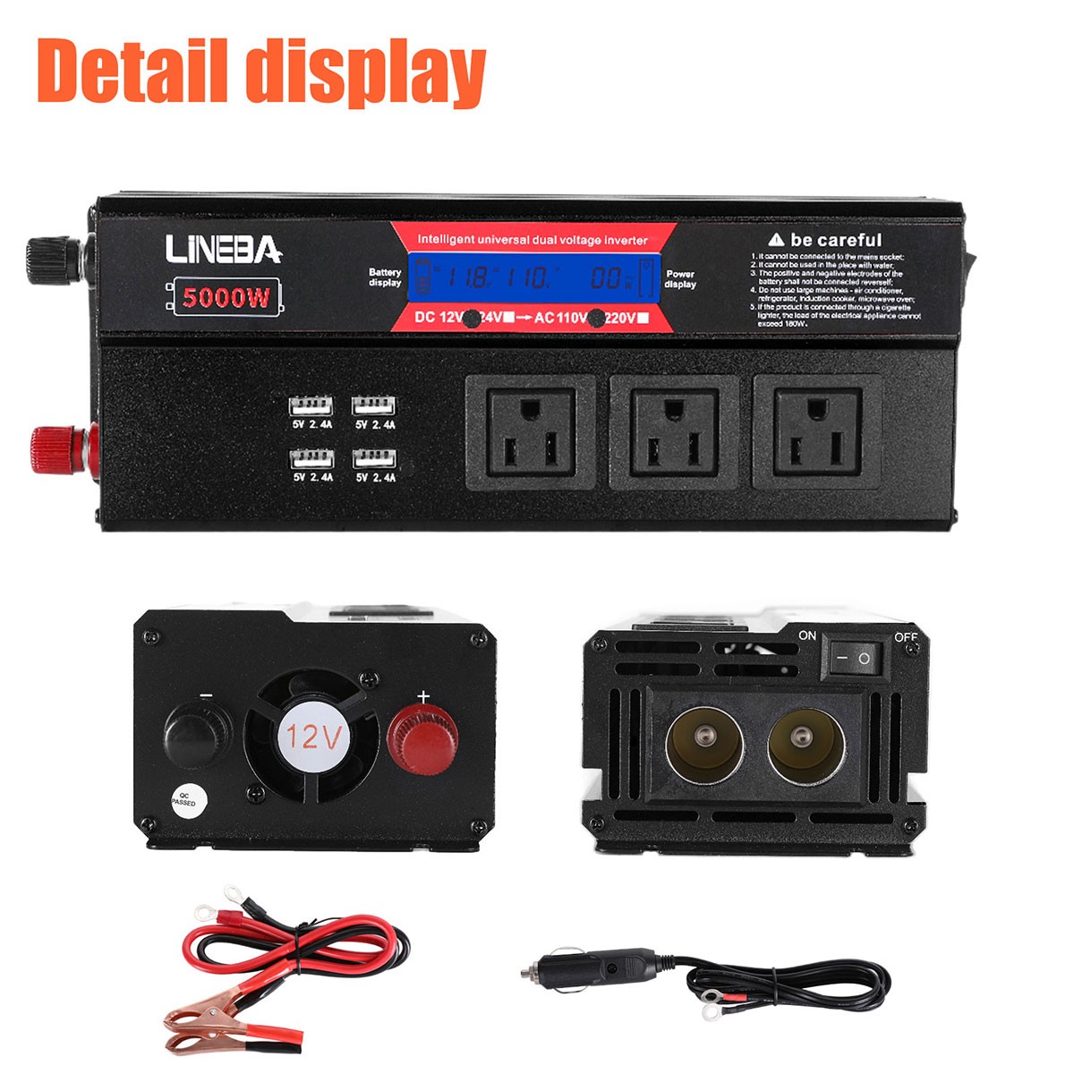1500W 2500W 5000W Car Power Inverter 12V to 110V Converter 3AC 4USB LCD Display