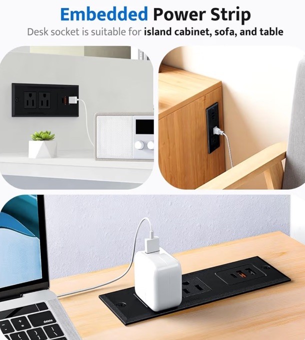 Recessed Power Strip, Flush Mounted Drawer Outlet Fast Charging USB