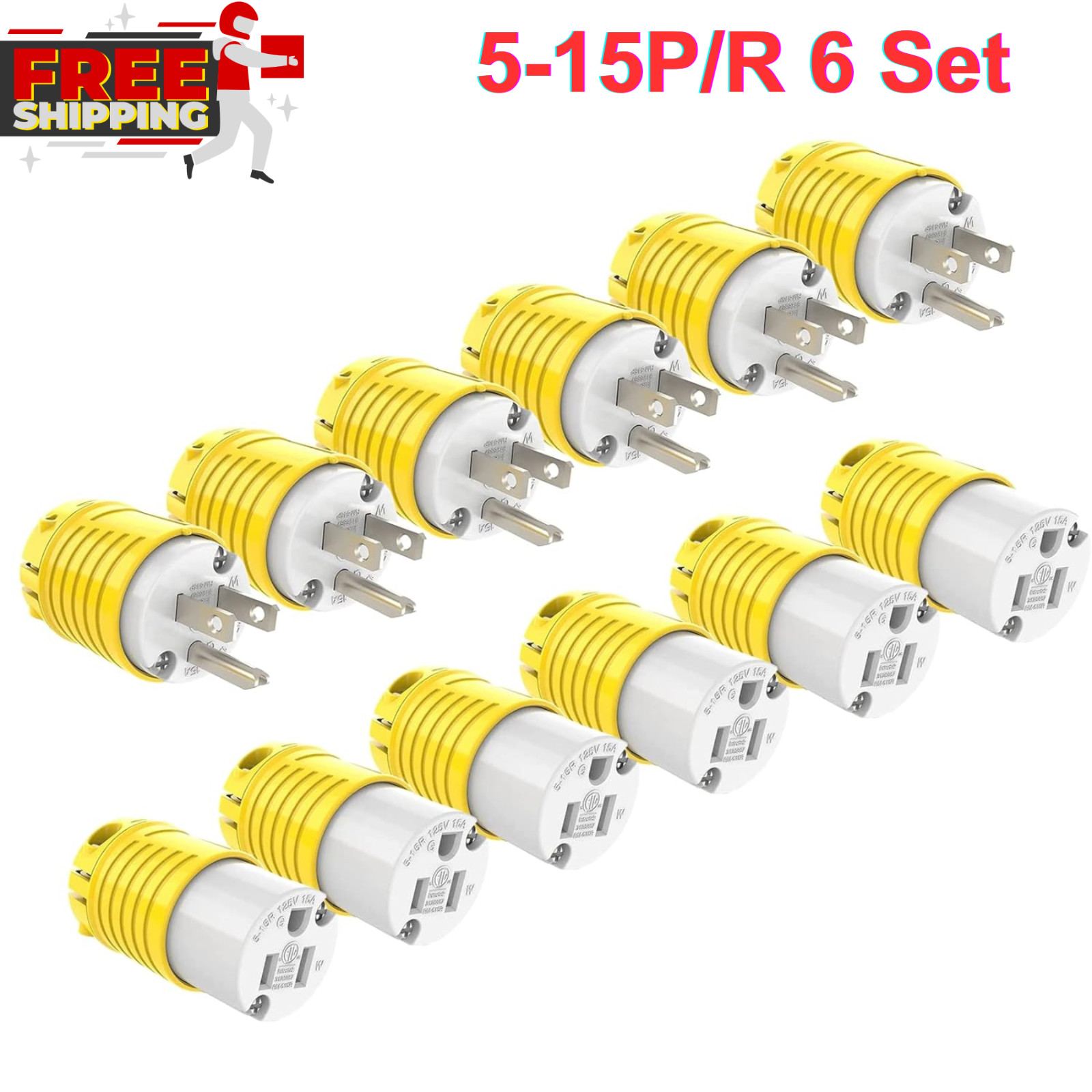 RVGUARD Extension Cord Ends Male and Female Plug, 15Amp 125Volt Heavy Duty 6 Set
