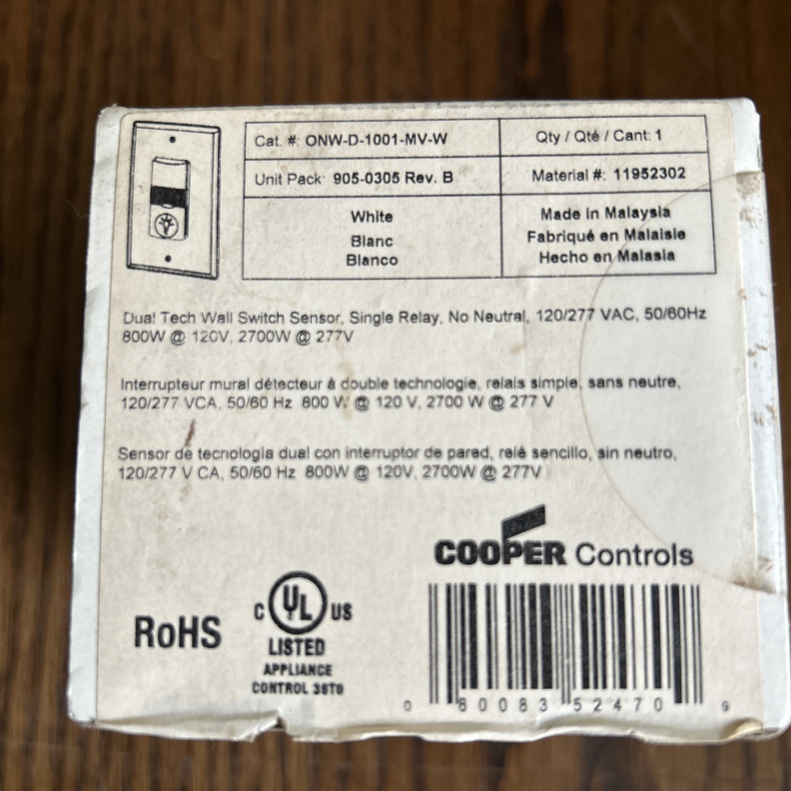 Cooper Greengate ONW-D-1001-MV-W Dual Tech Wall Switch Sensor New Sealed Box