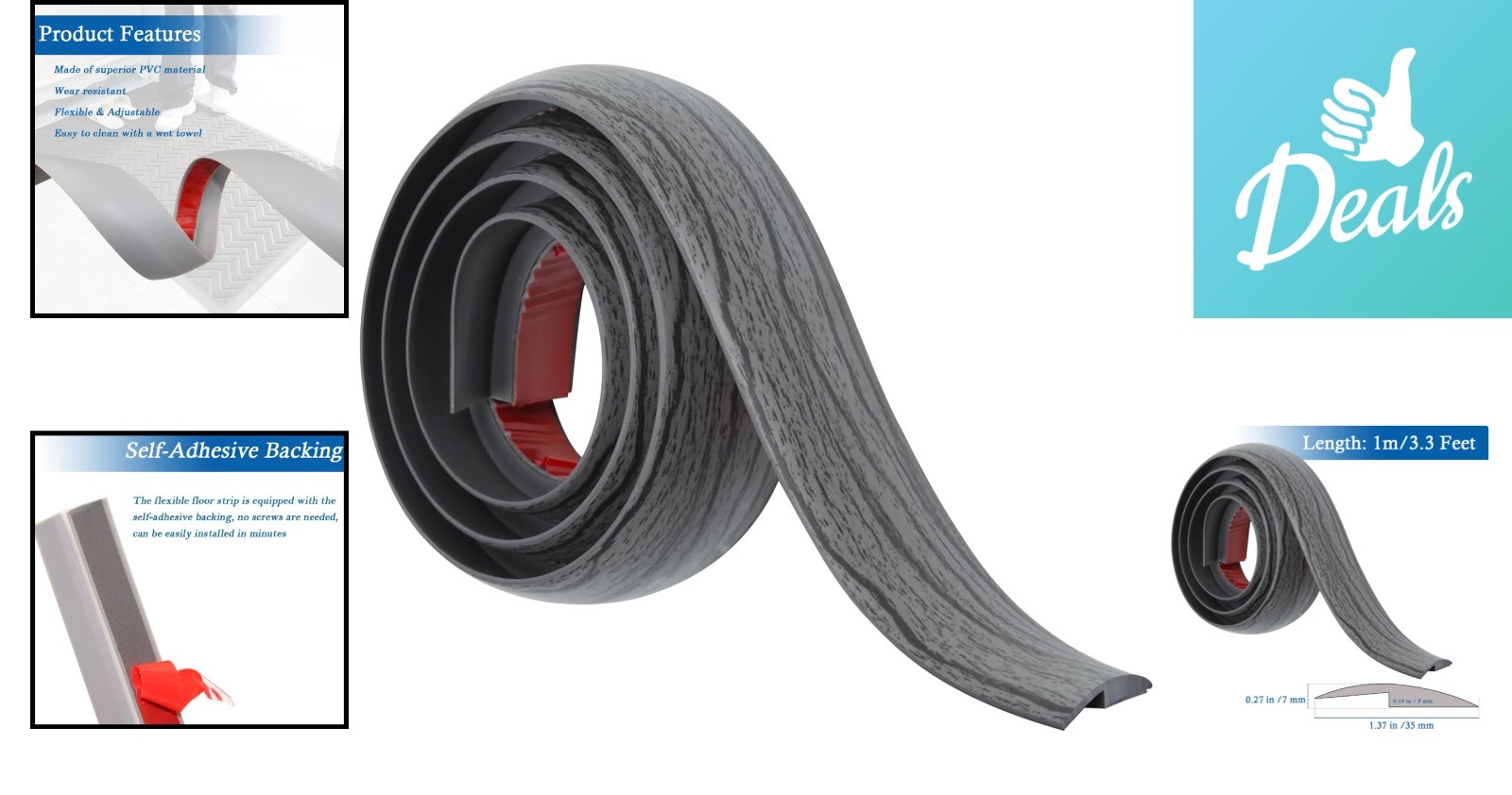 3.3Ft Durable Dark Gray Floor Transition Strip – Ideal for Under 5mm Heights