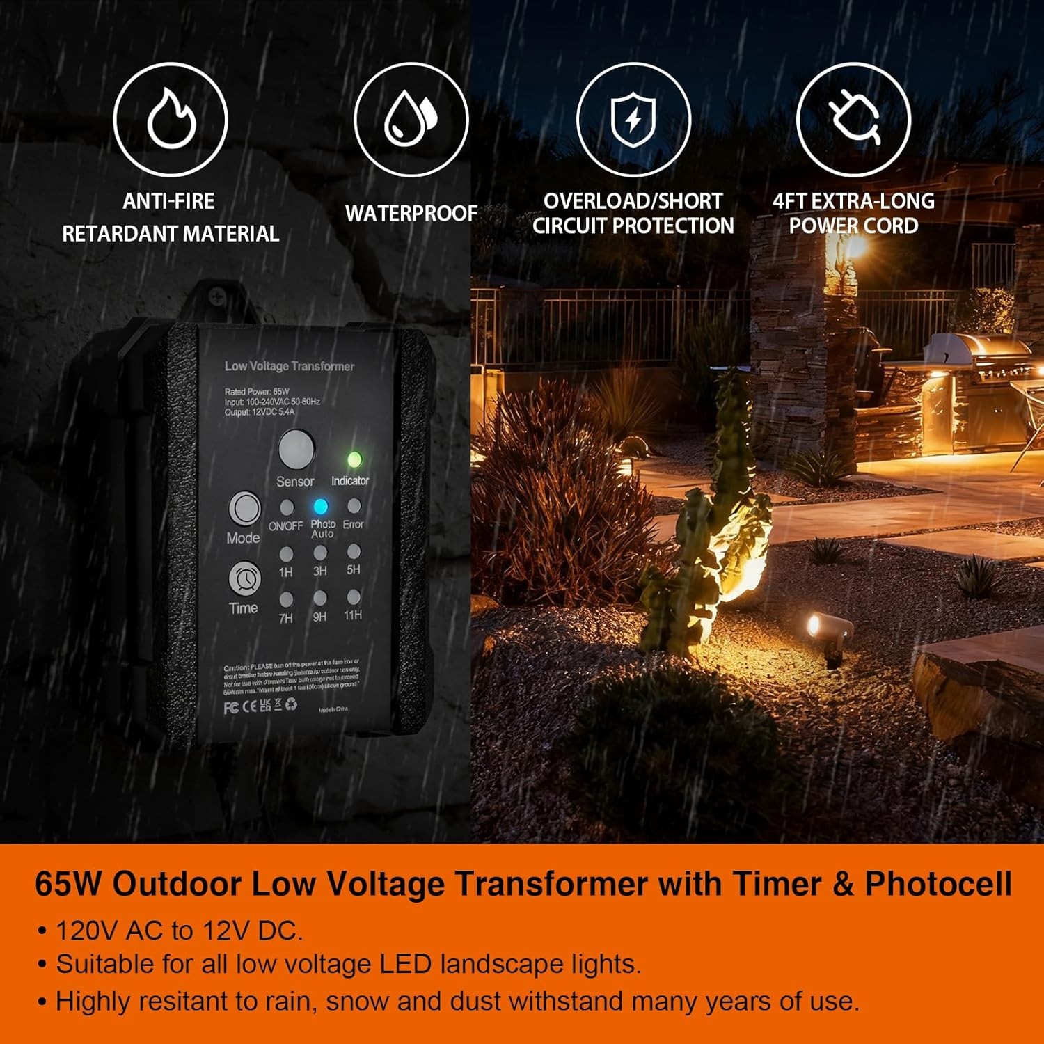 65W Landscape Light Transformer, 120VAC to 12VDC Dusk to Dawn and Timer Built-in