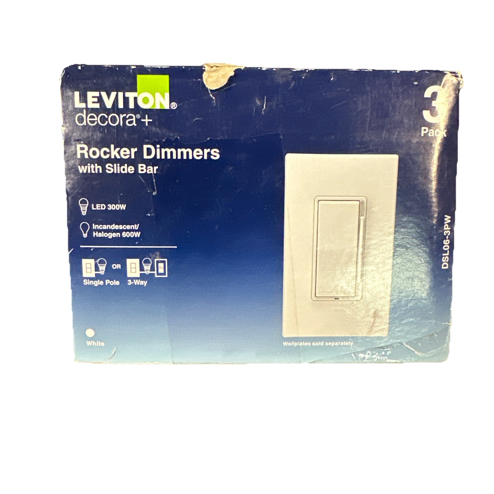 Leviton Decora 600-Watt Single-Pole 3Way Universal Rocker Slide Dimmer White 3PK
