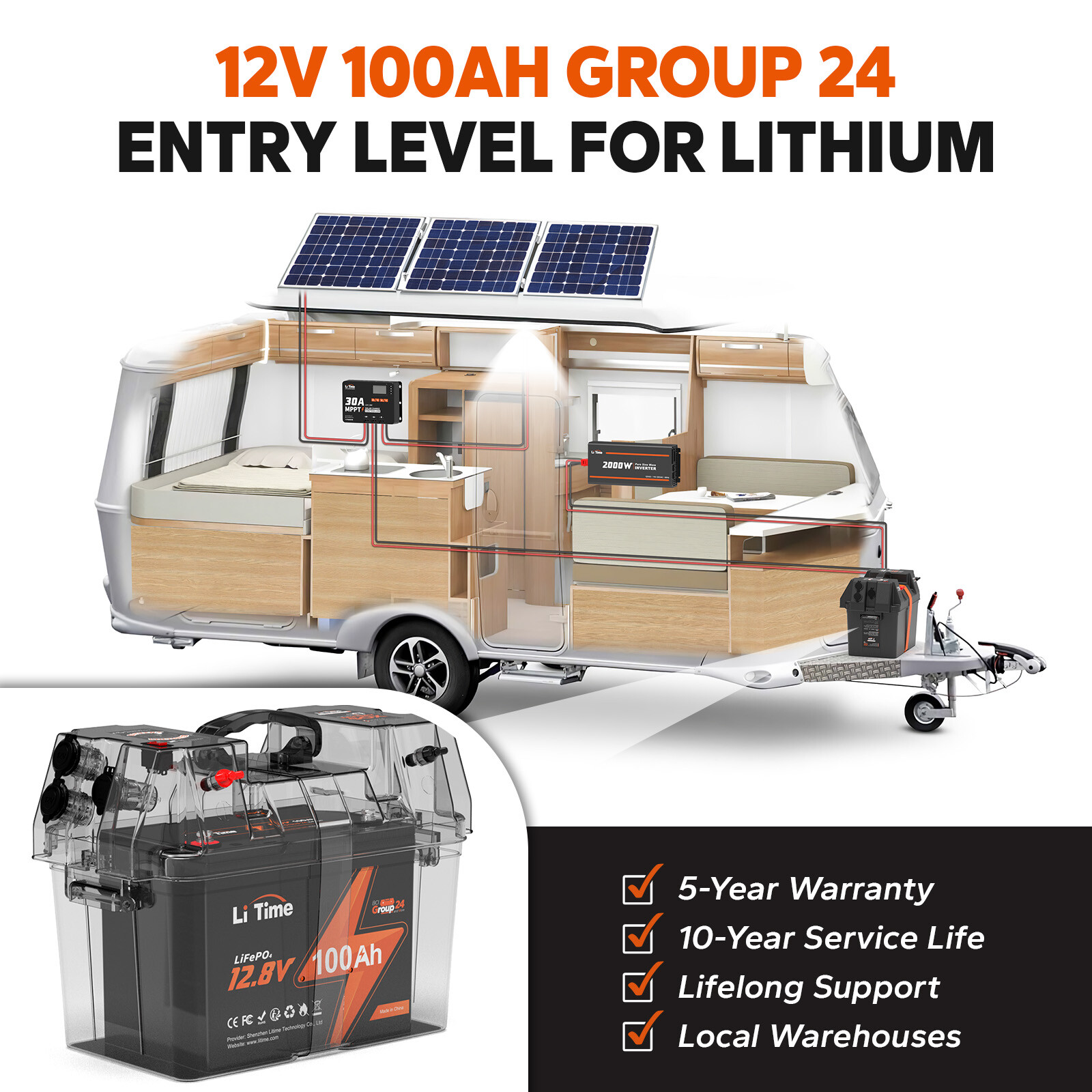 LiTime 12V 50AH 100Ah LiFePO4 Deep Cycle Lithium Battery BMS for RV Marine-Used