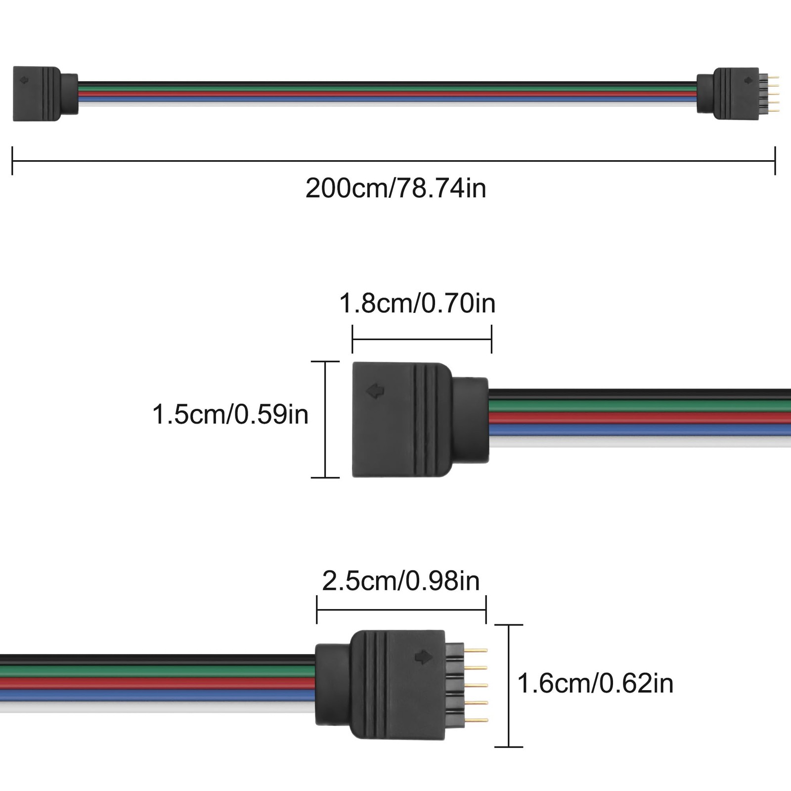 3 PCS 5 PIN JST RGBW Extension Cable LED Strip Connector 22AWG 2M 3.2 FT