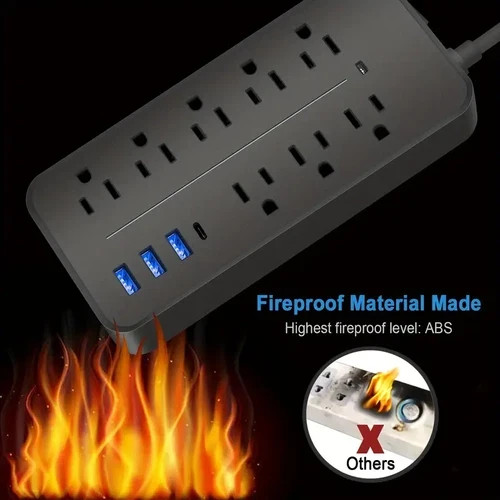 US Power Strip Surge Protector 8 AC Outlets 3 USB Ports + Type C Port 4 FT Cable