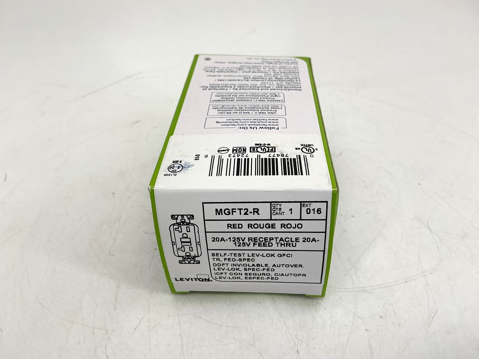 New Leviton MGFT2-R Receptacle Outlet 20A 125V 60HZ Red 016-MGFT2-R