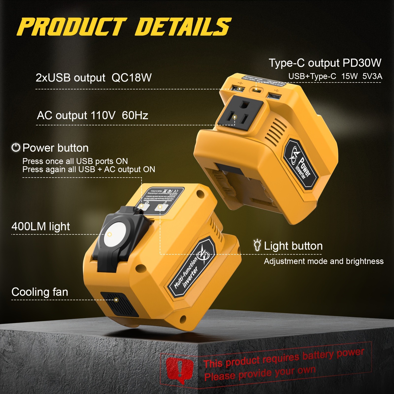 Portable 220W Power Inverter Compatible with Dewalt 20V Battery Emergency