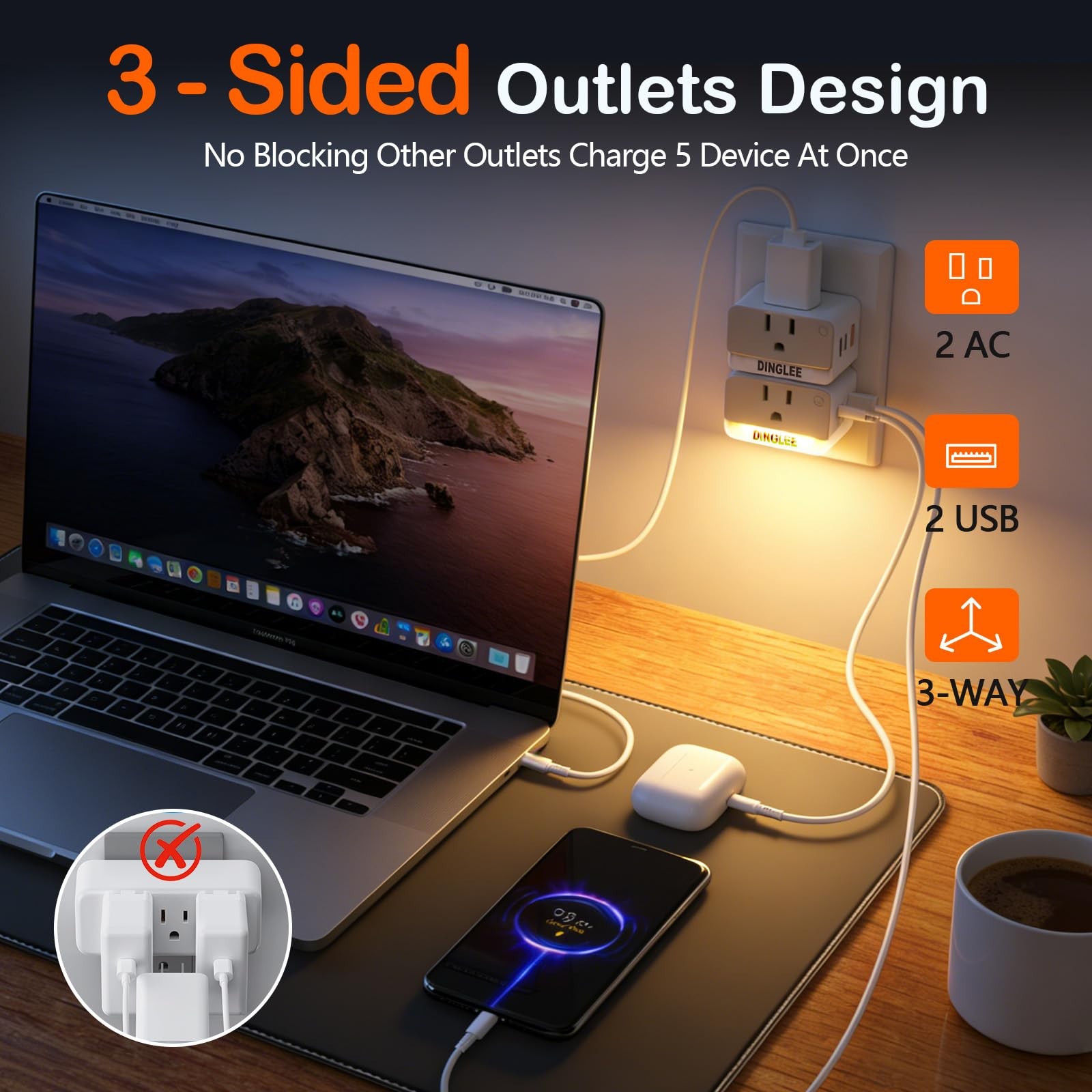 Outlet Extender 2 Pack, 2 AC Multi Plug Wall Outlet with 2 USB Ports (1 PD 20…