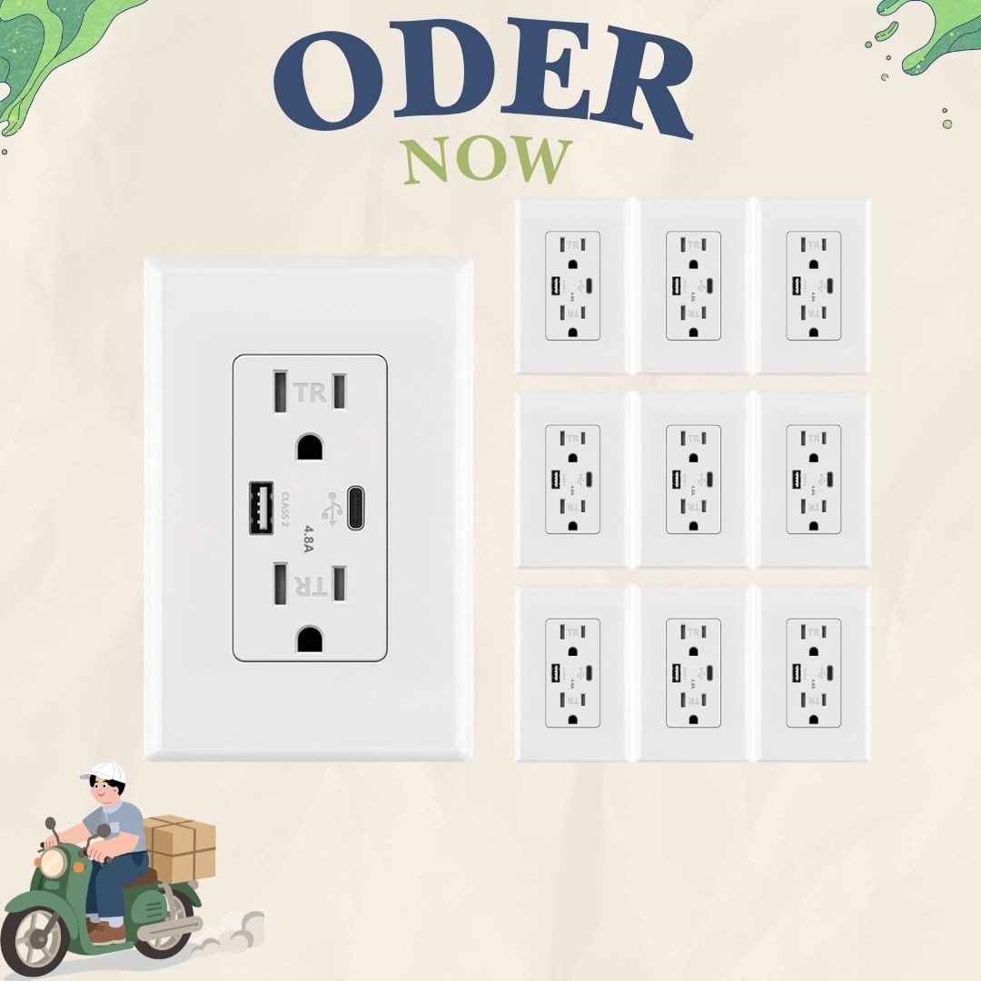 USB Wall Outlet 10 Pack with USB C & A Fast Charging 4.8A