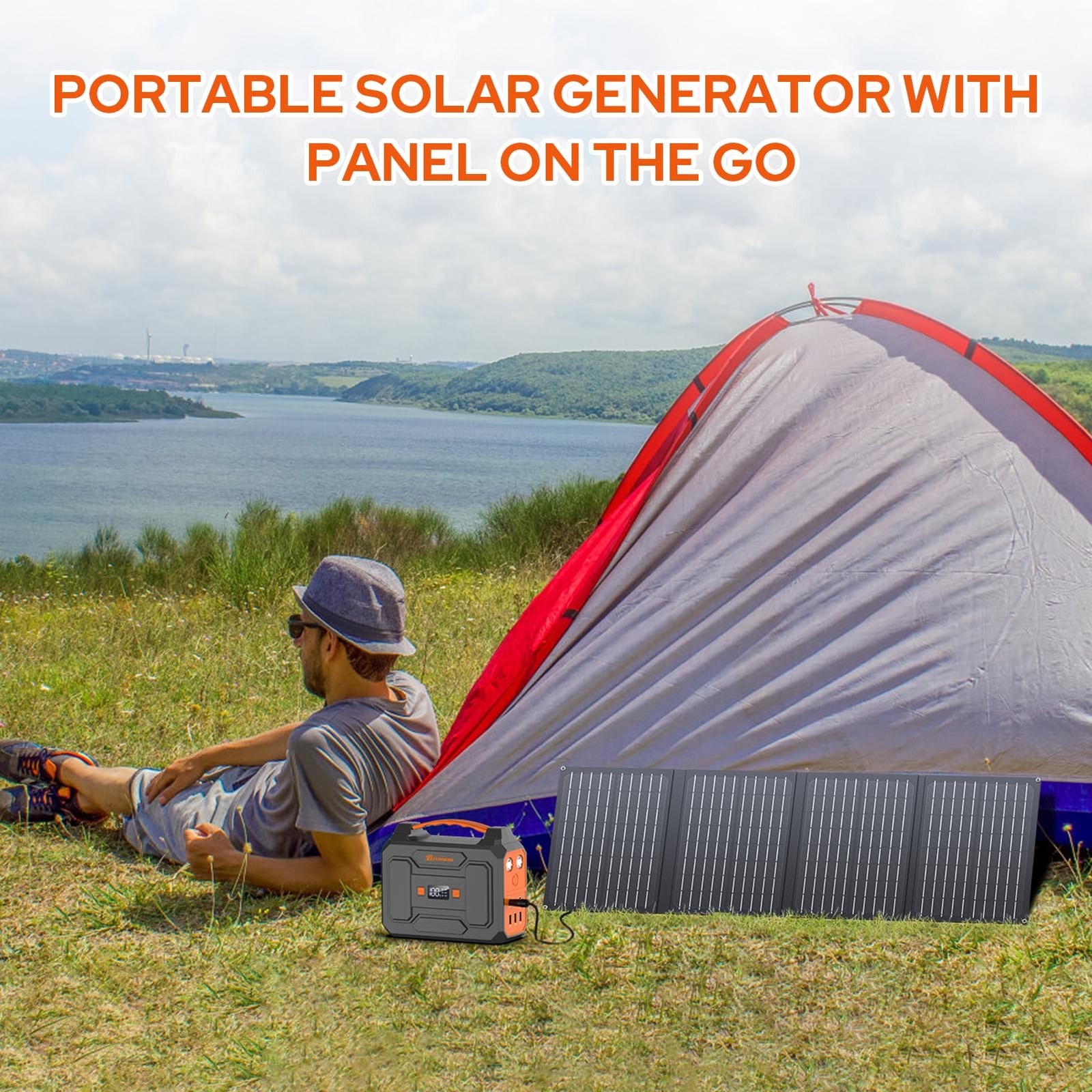 Portable Power Station with Foldable 40W Solar Panel, 100W Black Gray