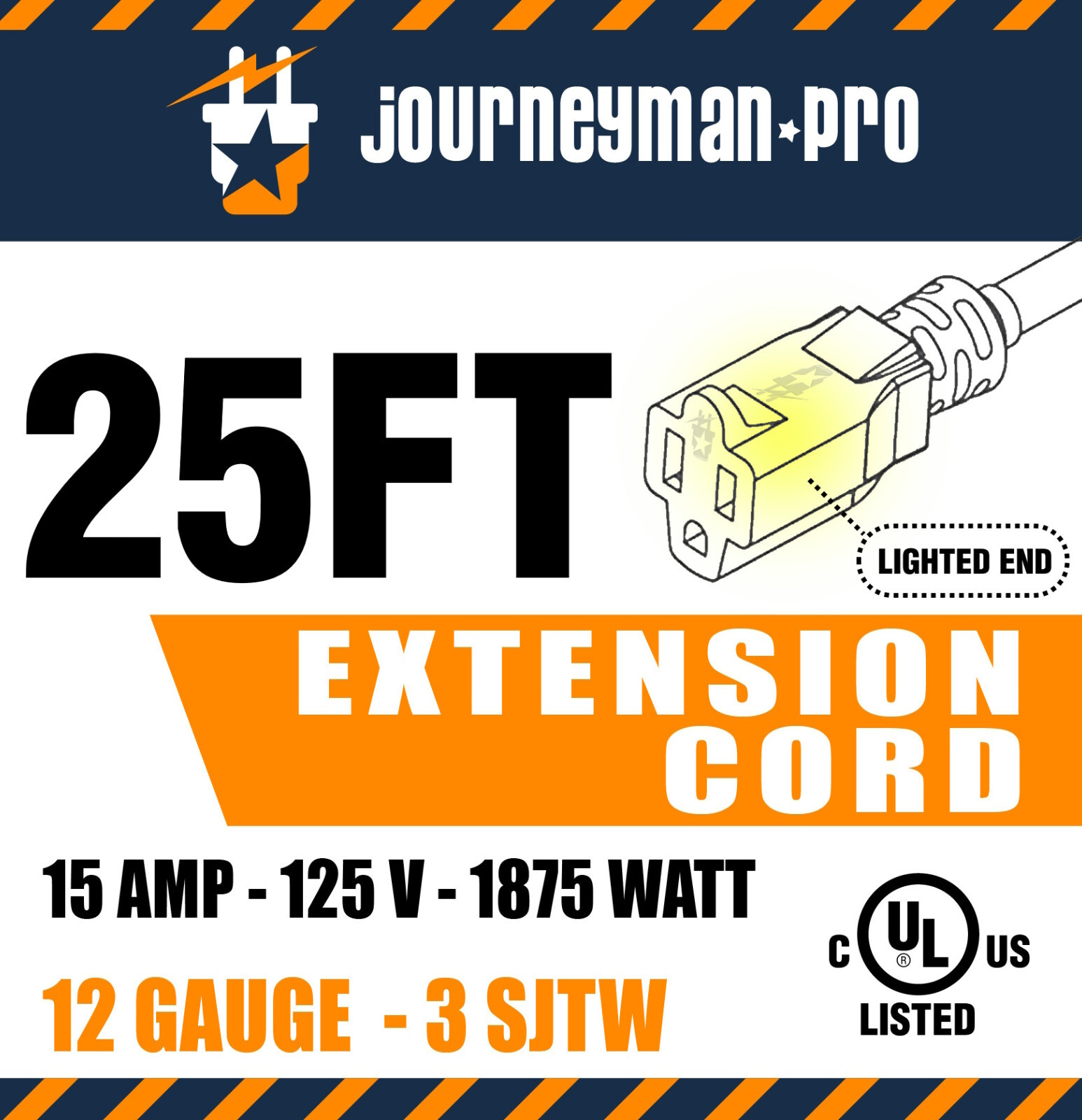 25’FT YELLOW Contractor Grade Outdoor Extension Cord 25′ Feet Power Light Up End