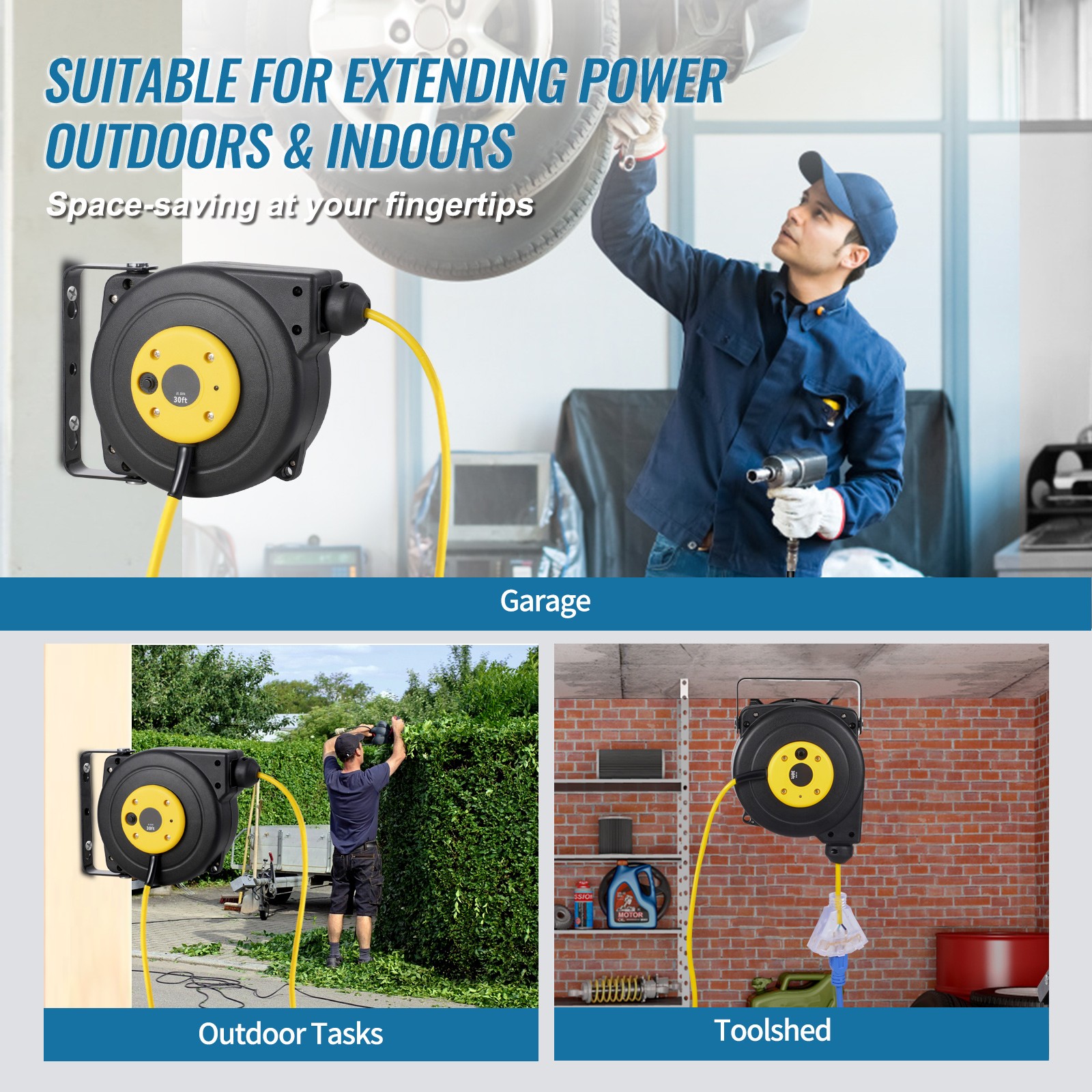 Uimoso Retractable Power Cord Reel with 30FT 16AWG/3C SJTOW Cable