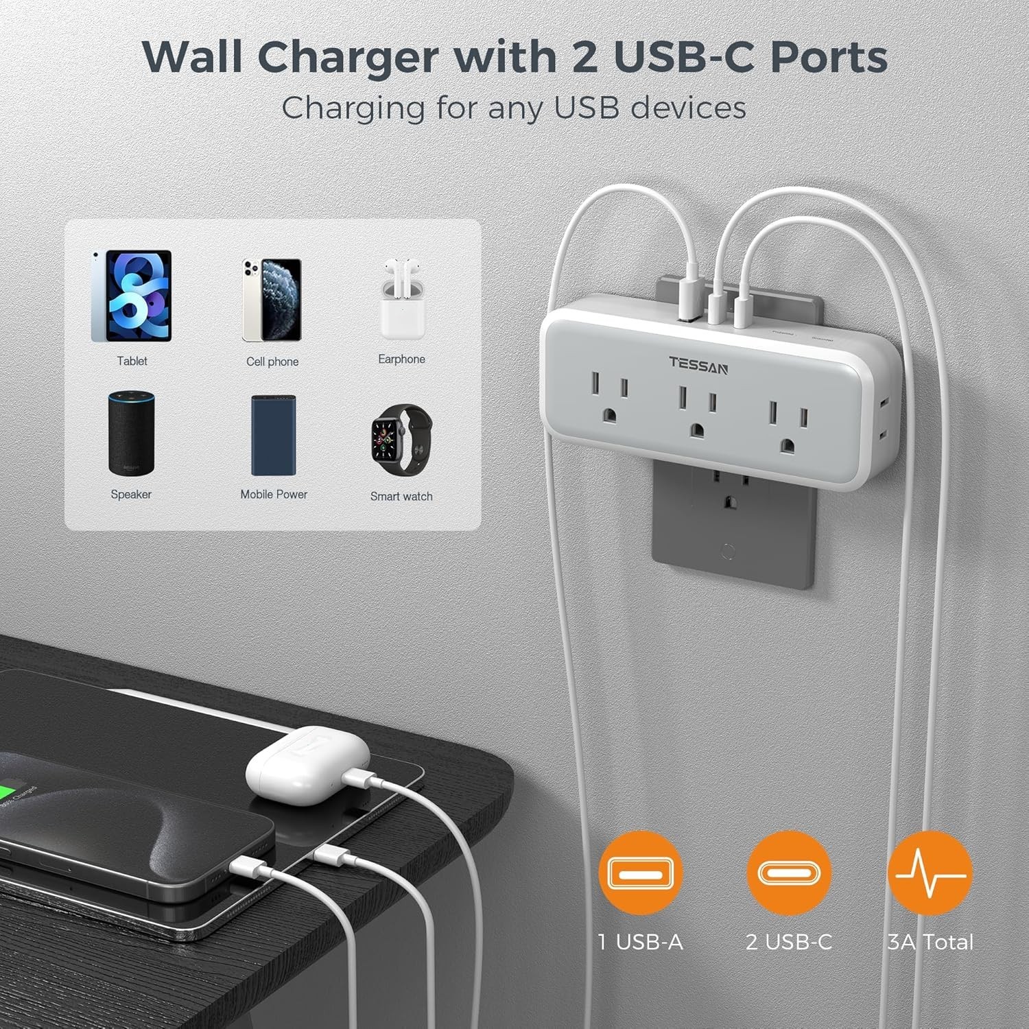 5-Outlet Surge Protector Wall Charger with 3 USB Ports – Ideal for Home & Office
