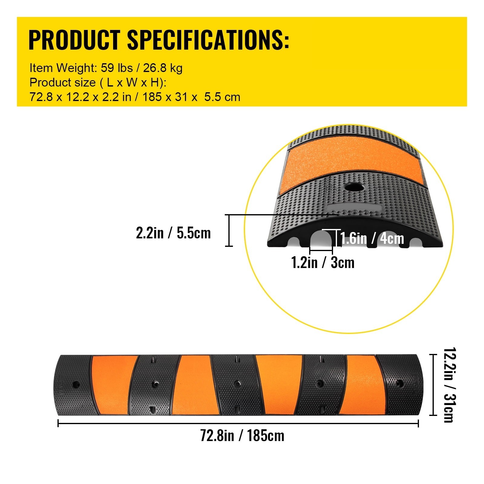 Modular Speed Bump 72 Inch 2 Channel 22000 Lbs Load Rubber Driveway Cable