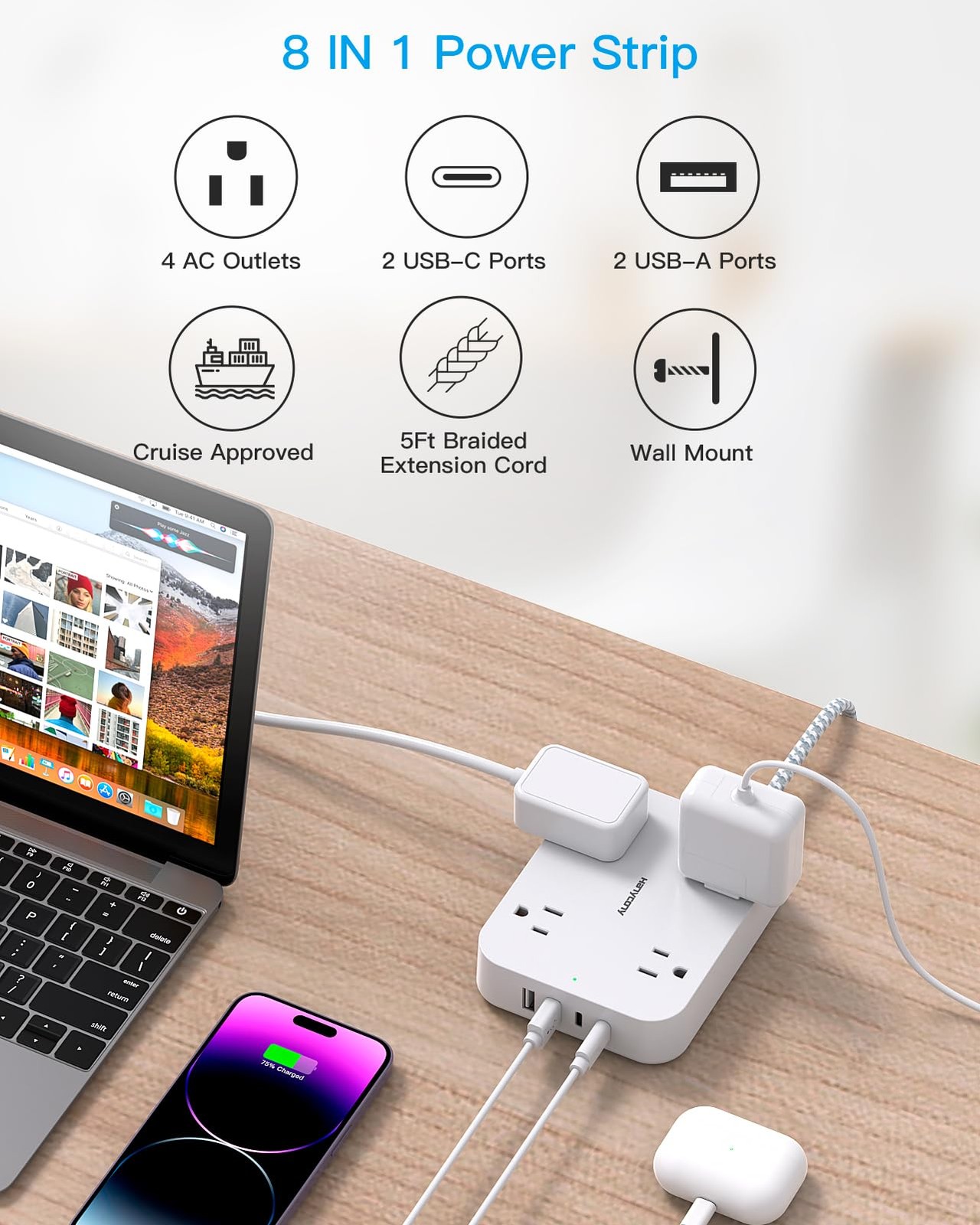 Flat Plug Extension Cord, HANYCONY 5ft Power Strip with 4 USB Ports2 USB C, 4…
