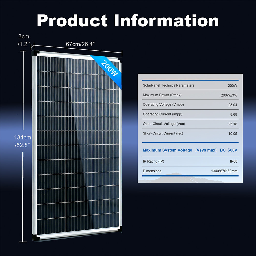 200W Solar Panel 18V Monocrystalline Power RV Home Boat Camping Off-Grid Silver