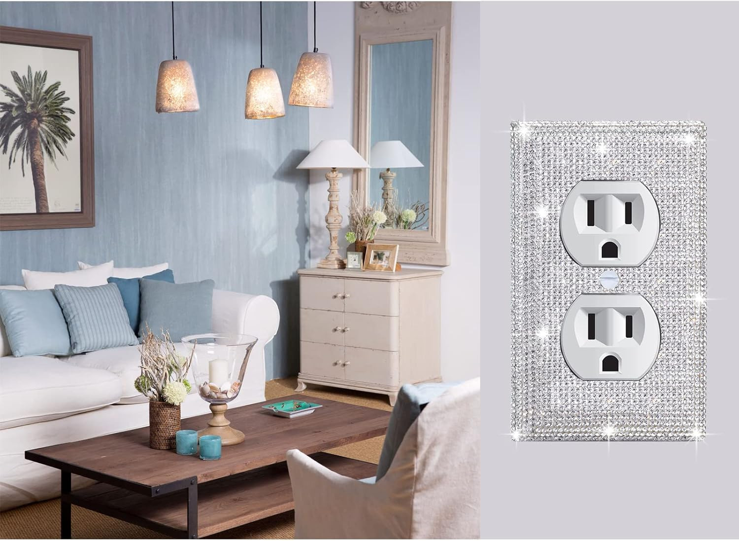 4 Pcs Outlet Covers Shiny Silver Rhinestones Wall Plate 1 Gang Toggle Light S…