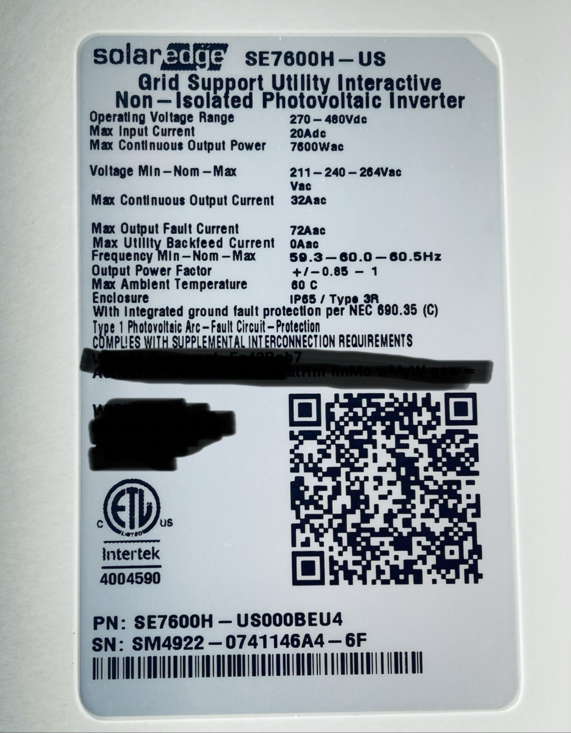 SOLAREDGE SE7600H-US000BEU4 Single Phase Non-Isolates string Grid-Tie Inverter