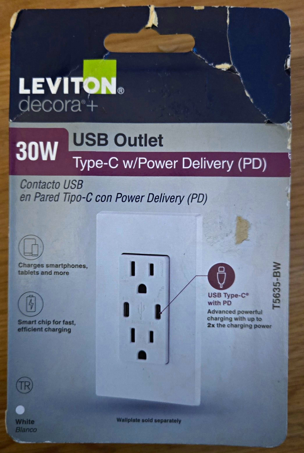 Leviton Decora+ 30W USB-C PD Tamper Resistant Duplex Outlet White T5635-BW