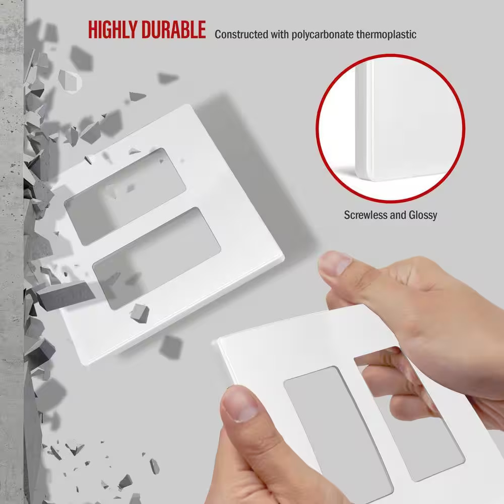 White 2-Gang, Decorator/Rocker, Plastic Polycarbonate, Screwless Wall Plate (5-P
