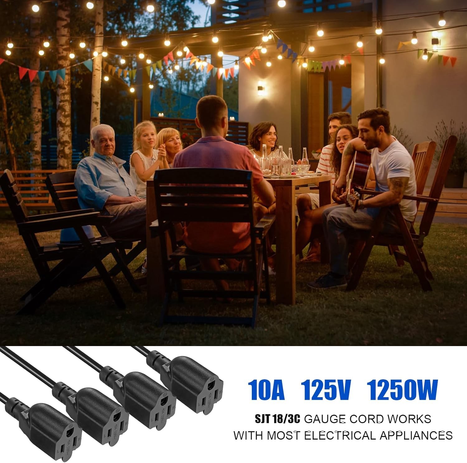 4 Way Power Splitter Cord 1 to 4 Extension Cable 16AWG 125V 20 Inch Black