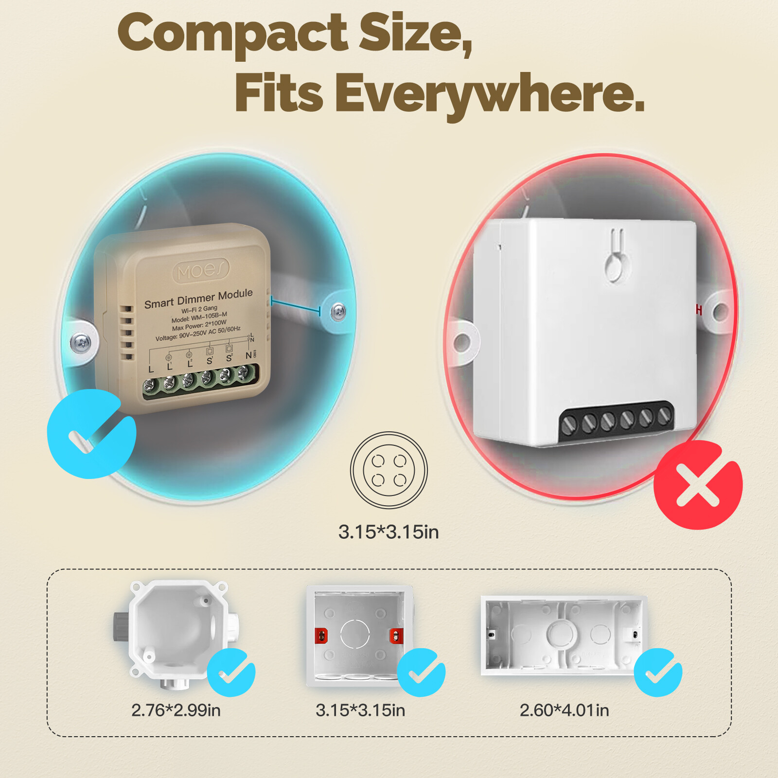 MOES WiFi Mini Smart Wall Light Dimmer Switch Module 3Way Alexa Google APP Timer