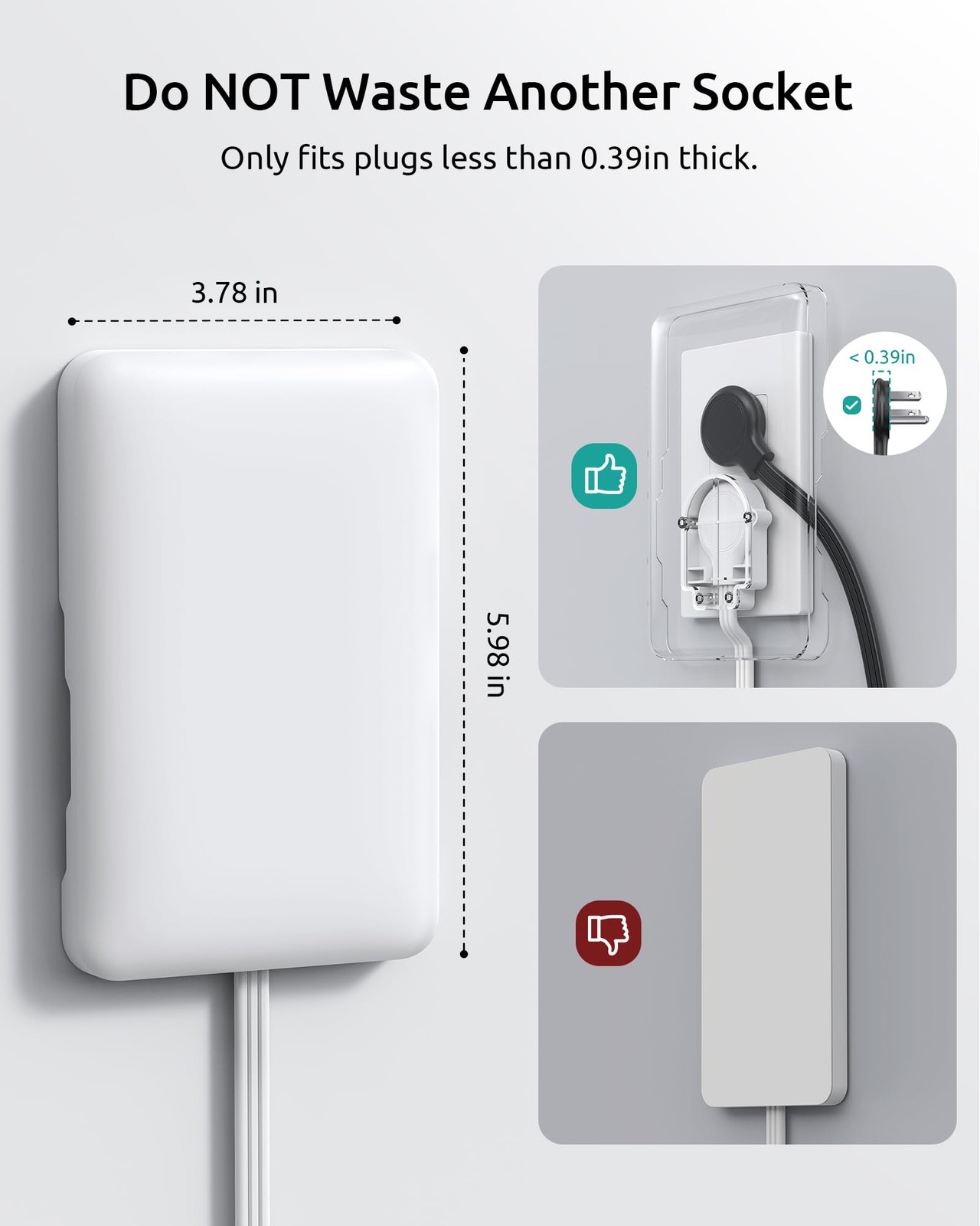 3Ft Flat Extension Cord with 3 Outlets, Flat Wall Plug & Flush Outlet Cover, 900