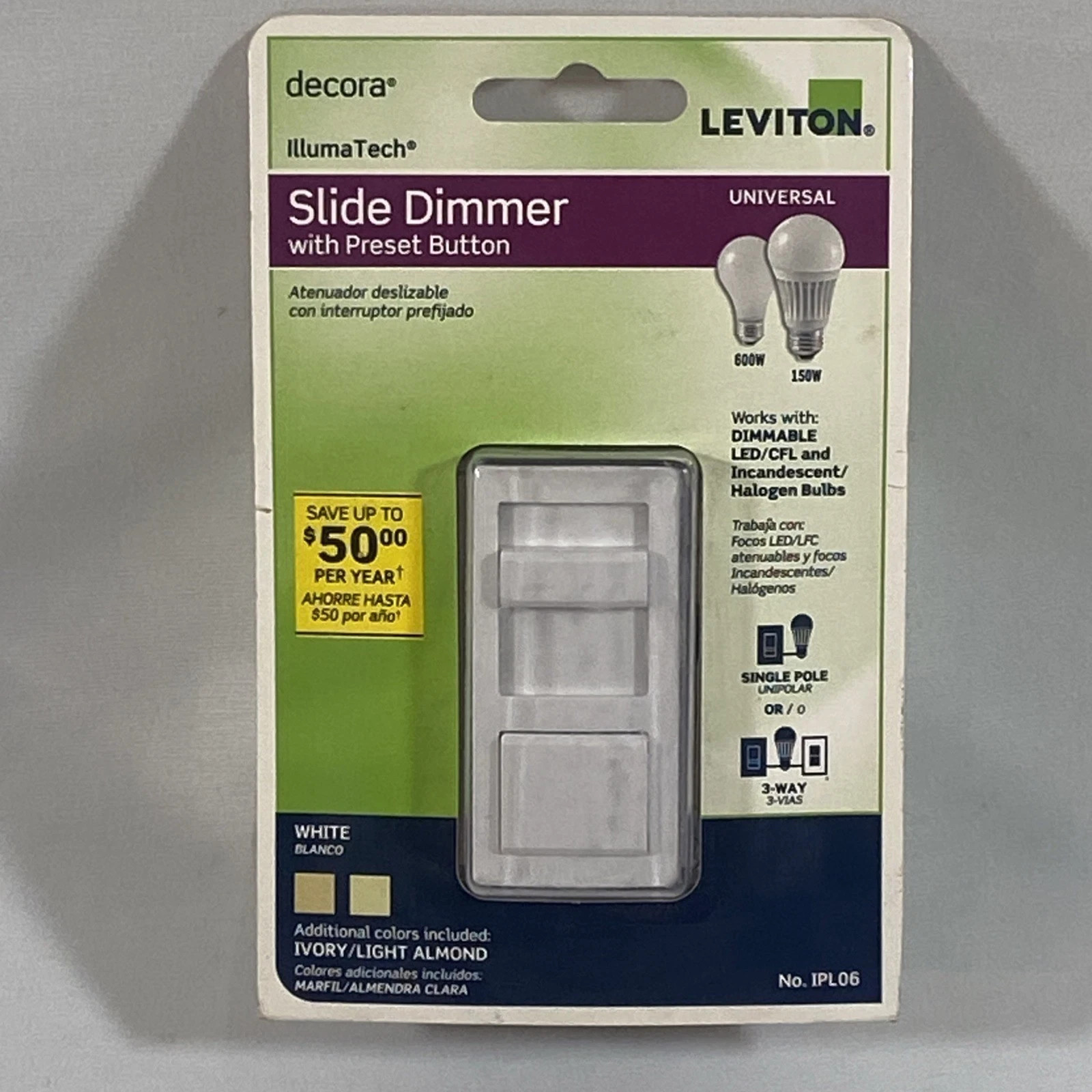NEW SEALED Leviton Single Pole 3 Way Preset Slide Dimmer 120V R60-IPL06-10M