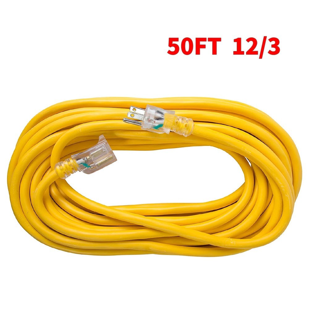 New 50 Feet Lighted Outdoor Extension Cord – 12/3 SJTW Heavy Duty Yellow USA