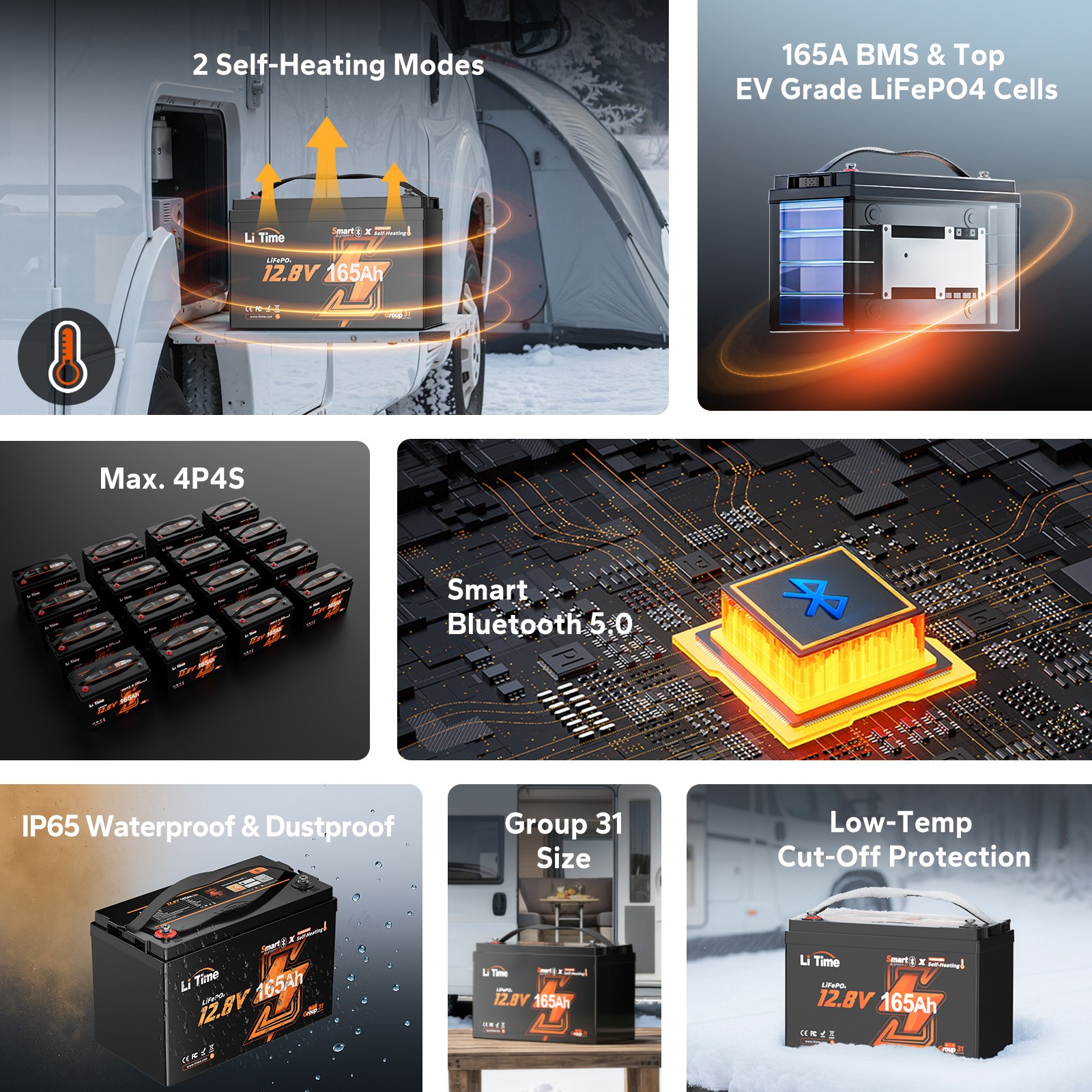 Refurbished LiTime 12V 165Ah Bluetooth Heating Group 31 LiFePO4 Lithium Battery