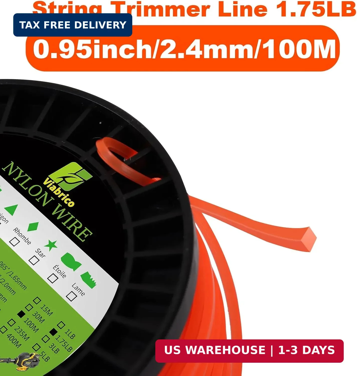 0.095″ Square Eater String 330FT Heavy Duty Nylon Trimmer Line Orange