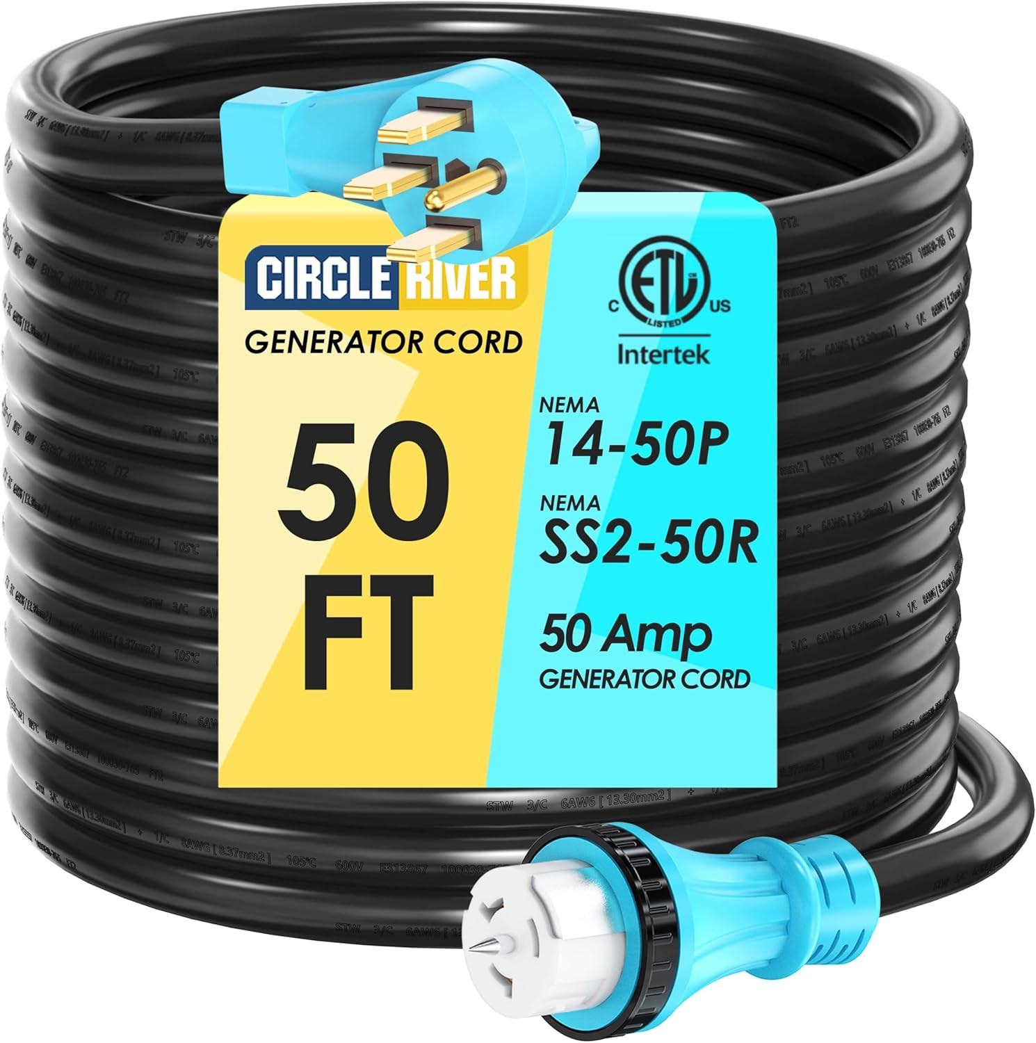 50 Amp Generator Extension Cord 50 Feet NEMA 14-50P Male to SS2-50R & CS6364 STW