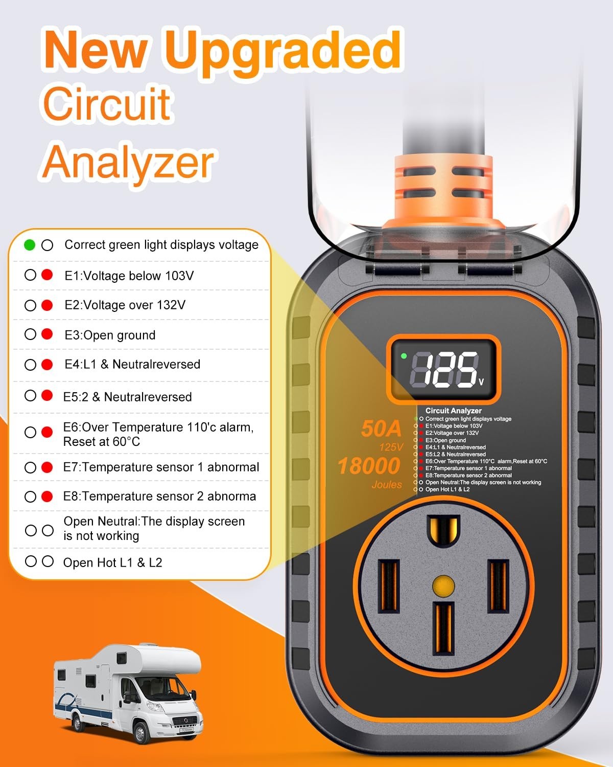 50 Amp RV Surge Protector 18000J Circuit Analyzer LED Display Waterproof Plug fo