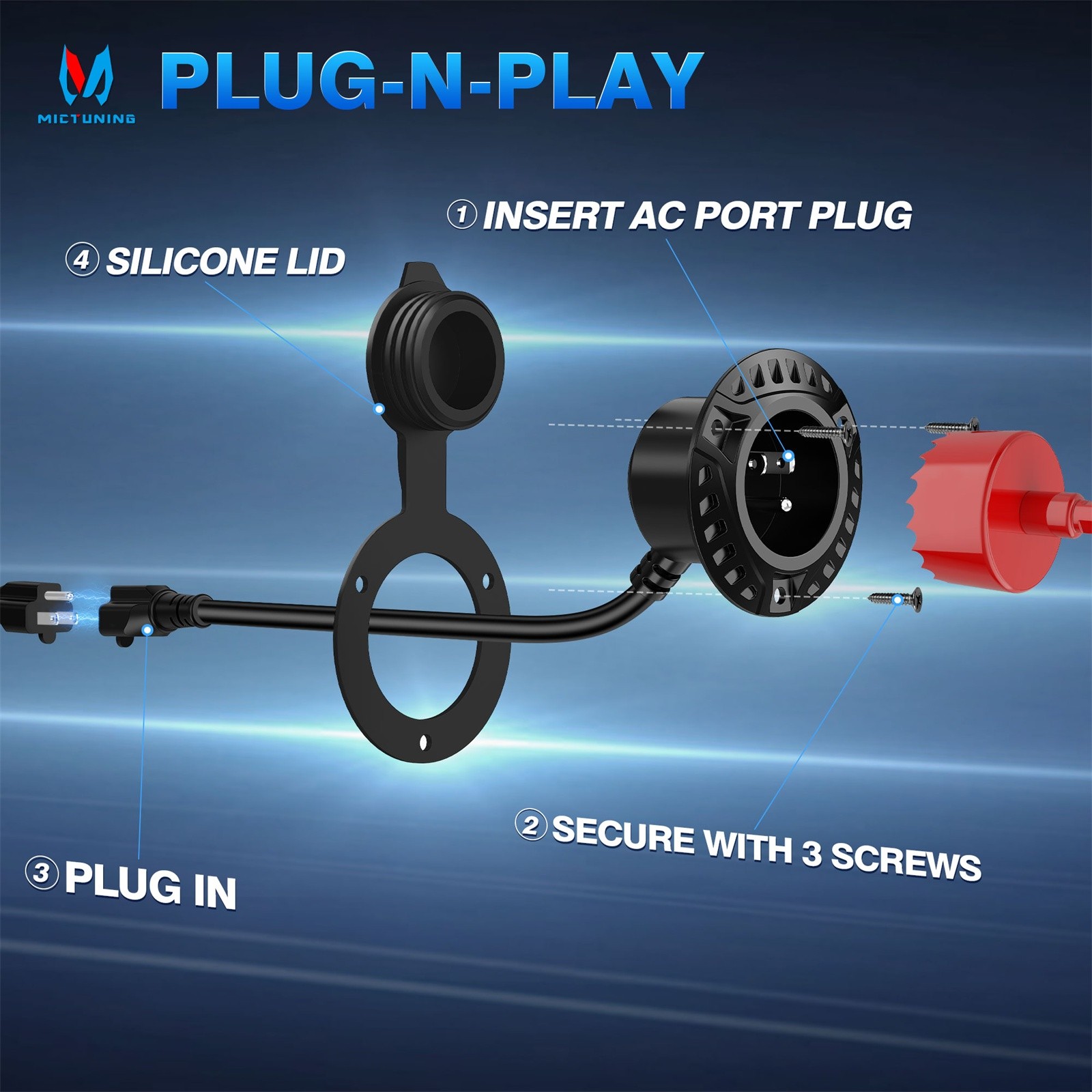 MICTUNING 20A AC Port Plug T-Blade Adapter RV Power Inlet Socket Cord w/Hole Saw